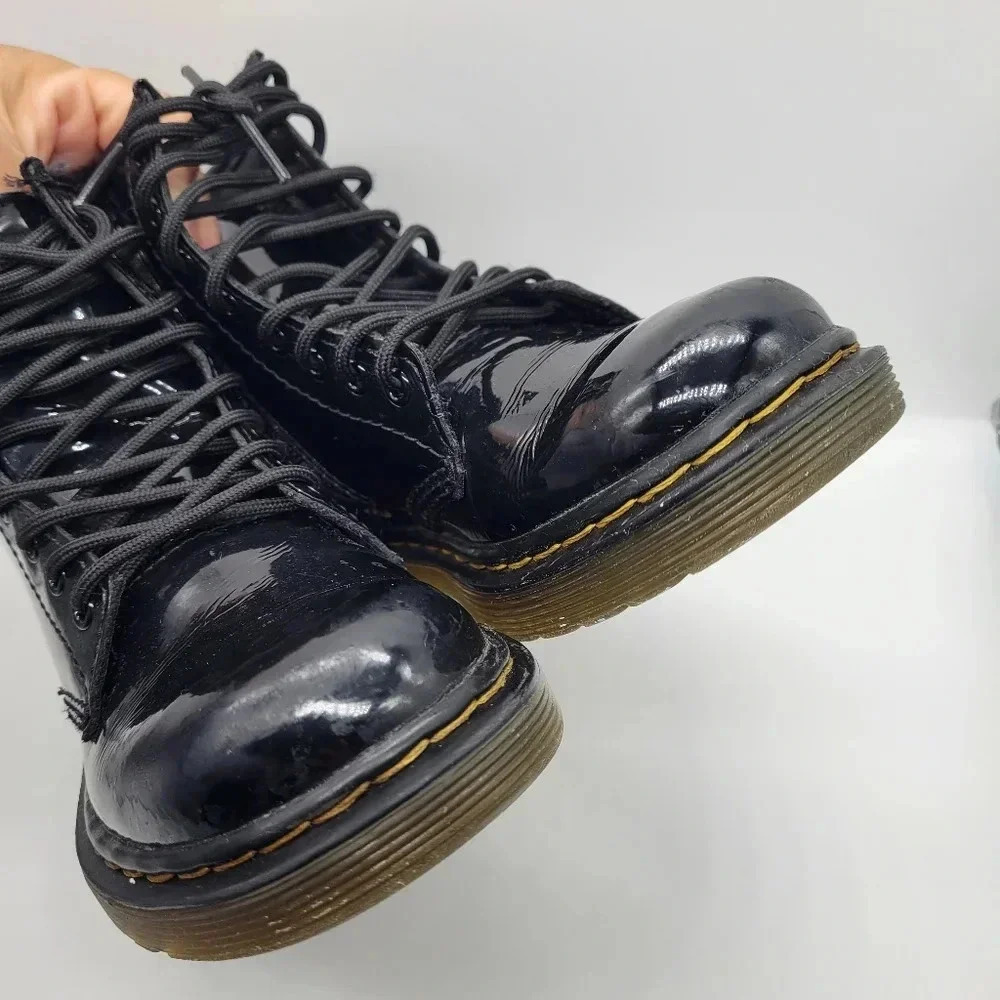 Dr. Martens Kids 1460 J Black Glossy Patent Leather Lace Up Ankle Boots US 12 - Picture 2 of 13